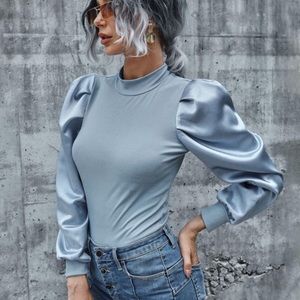 Ribbed Long Sleeve Puff Top- BLUE